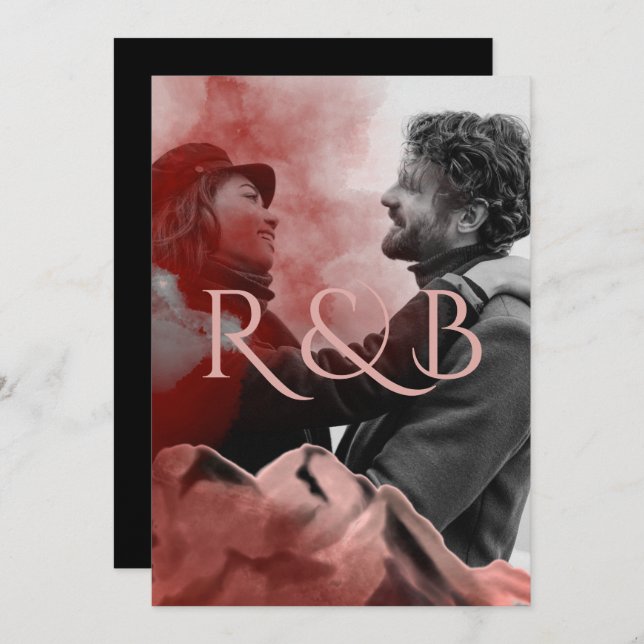 Stylish Rose Gold Mountains Overlay Photo Wedding Invitation (Front/Back)