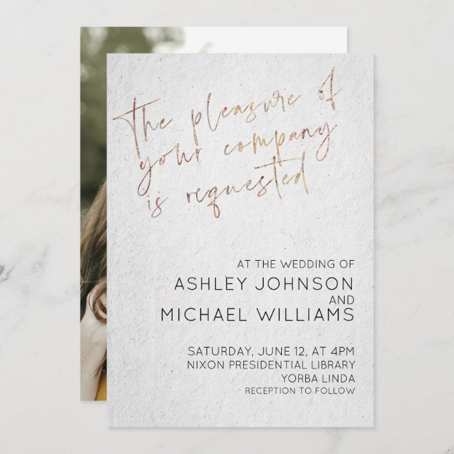 STYLISH ROSE GOLD SCRIPT Simple Photo Typography Invitation (Front/Back)