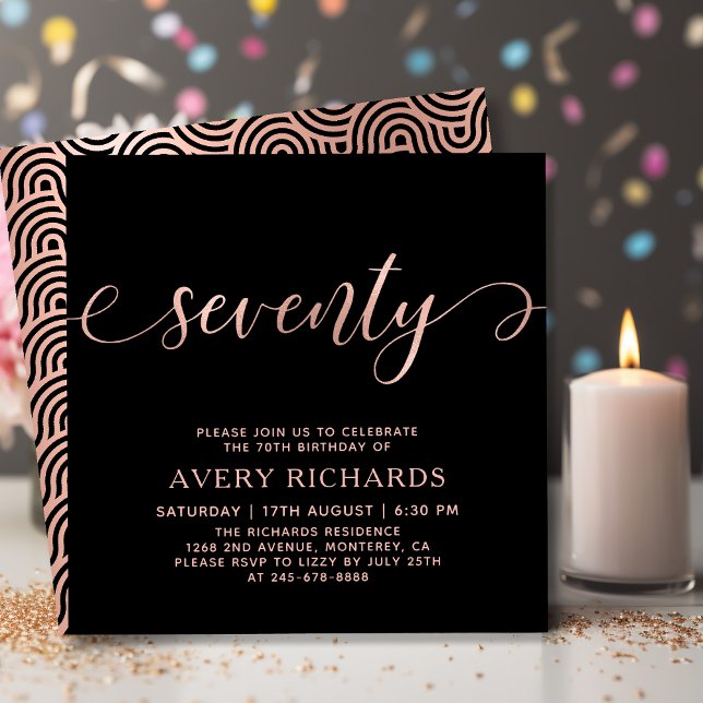 Stylish Rose Gold Seventy Script 70th Birthday Invitation (Creator Uploaded)