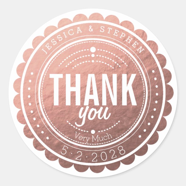 Stylish Rose Gold Thank You Wedding Sticker (Front)