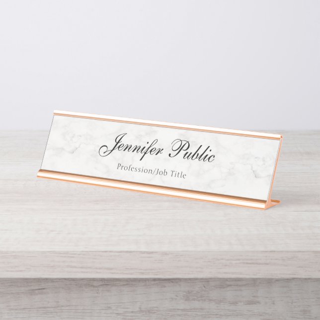 Stylish Rose Gold White Marble Modern Template Desk Name Plate (Front)