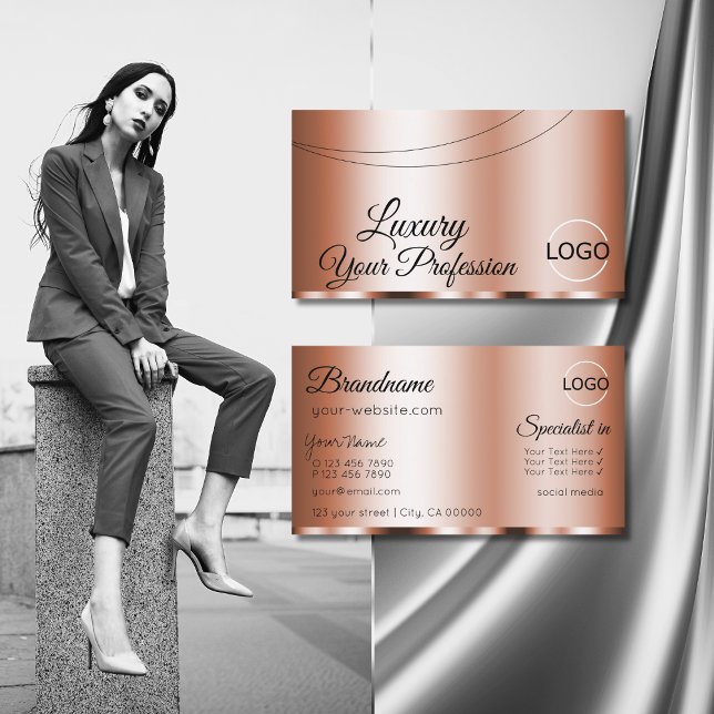 Stylish Rose Golden Glamourous with Logo Modern Business Card (Creator Uploaded)