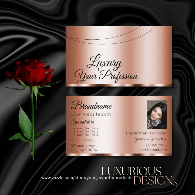 Stylish Rose Golden Glamourous with Photo Modern Business Card (Creator Uploaded)