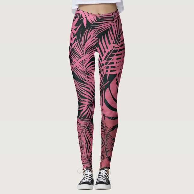 Stylish rose pink palm tree leaves pattern trendy leggings (Front)