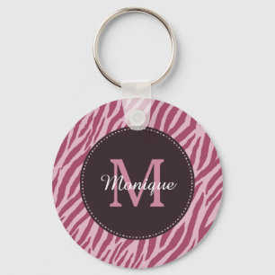 Stylish Rose Pink Zebra Print Monogram and Name Key Ring
