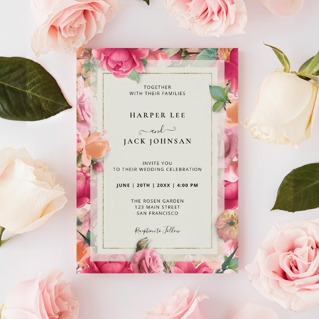 Stylish Roses Garden Gold Frame Wedding Invitation (Stylish Roses Garden Pink Gold Frame Invitation)