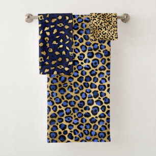 Stylish Royal Blue and Gold Foil Leopard Spots Bath Towel Set