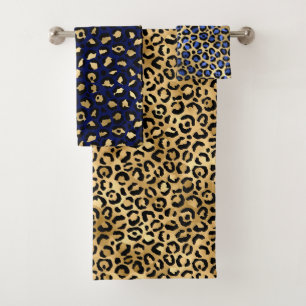 Stylish Royal Blue and Gold Foil Leopard Spots Bath Towel Set