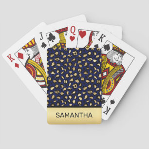 Stylish Royal Blue and Gold Foil Leopard Spots Playing Cards
