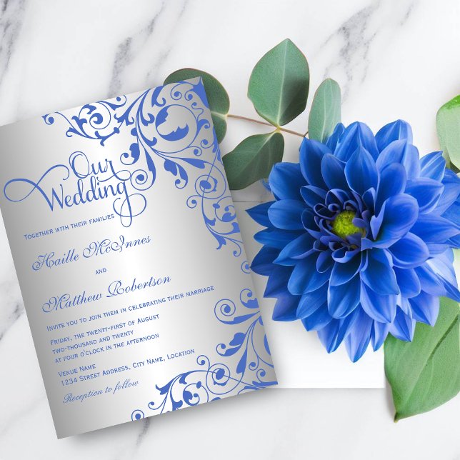 Stylish Royal Blue and Silver Swirls Wedding Invitation (Elegant royal blue and silver wedding invitation. Perfect wedding invite for a royal blue theme.)
