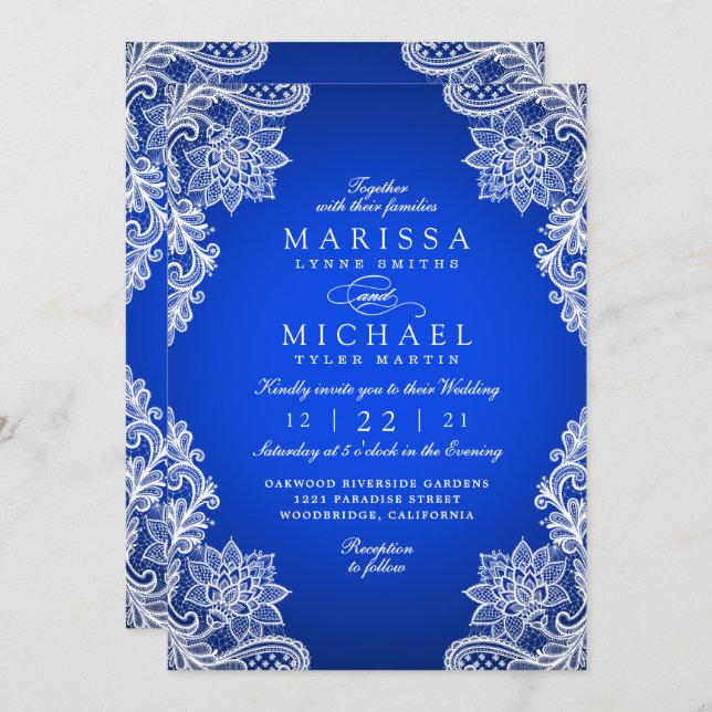 Stylish Royal Blue Floral Lace Wedding Invitation (Front/Back)