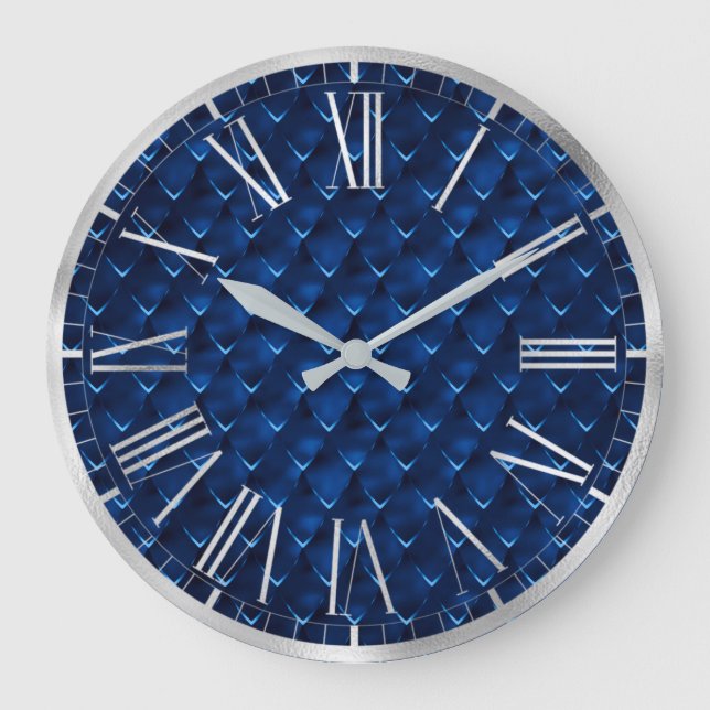 Stylish Royal Blue Foil Dragon Scales Pattern Large Clock (Front)