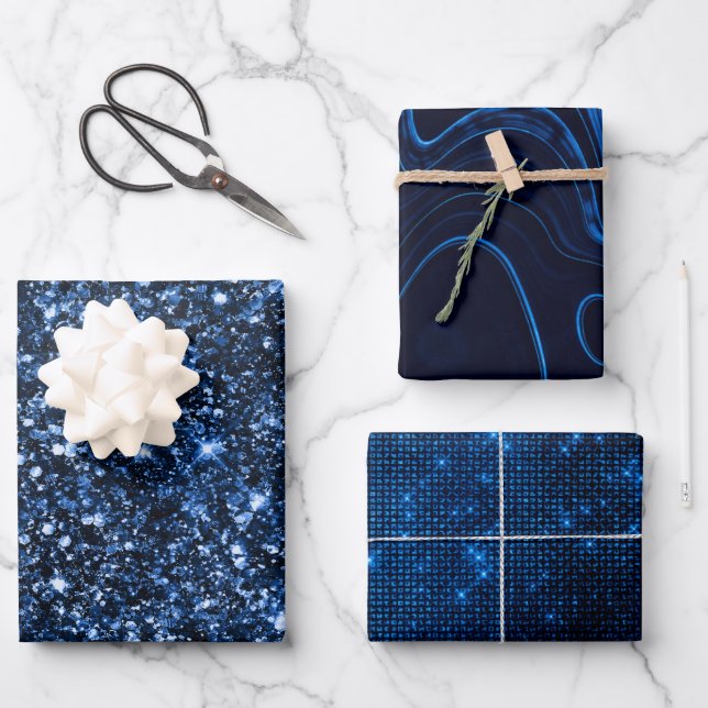 Stylish Royal Blue Glitter and Strata Patterns Wrapping Paper Sheet (Front)