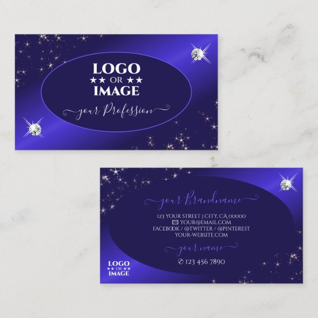 Stylish Royal Blue Glitter Stars Diamonds Add Logo Business Card (Front/Back)