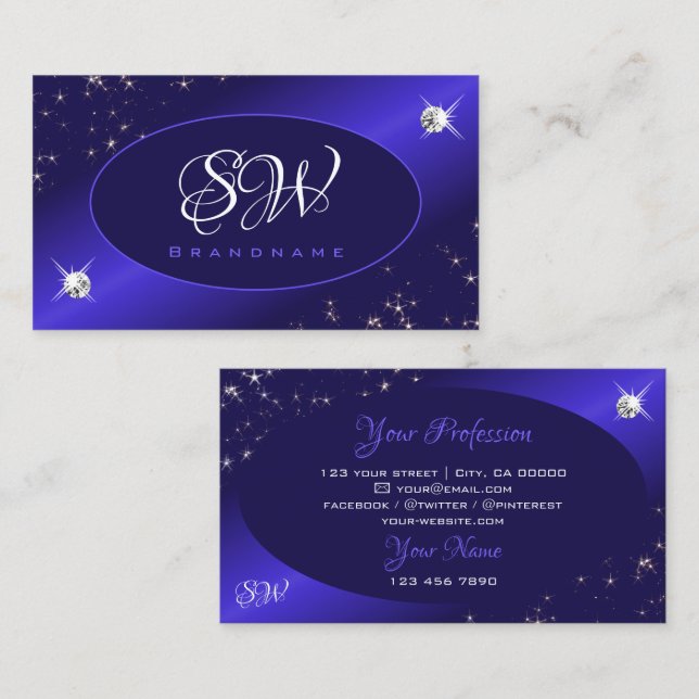 Stylish Royal Blue Glitter Stars Diamonds Monogram Business Card (Front/Back)