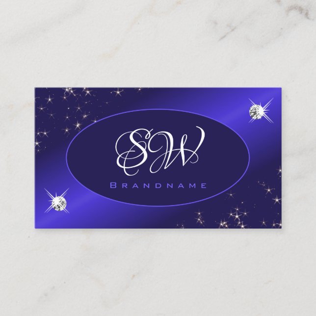 Stylish Royal Blue Glitter Stars Diamonds Monogram Business Card (Front)