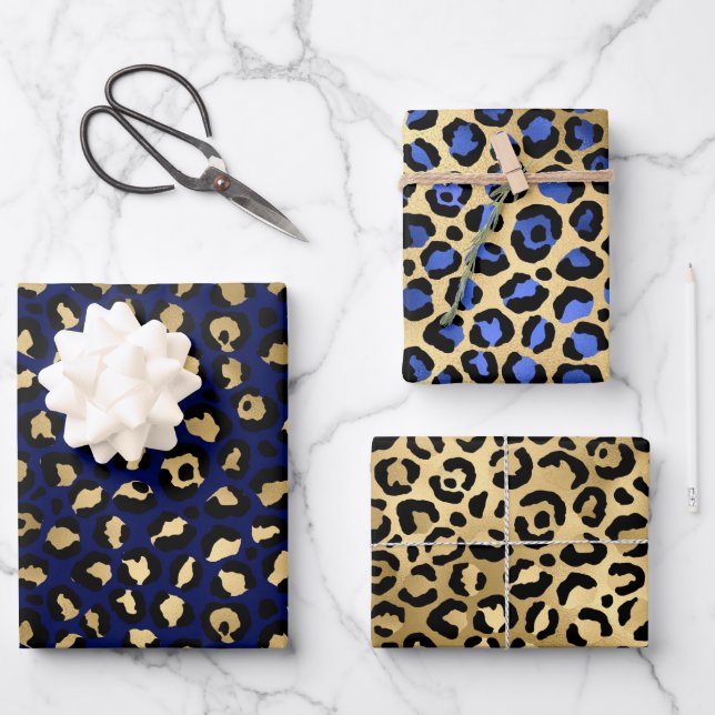 Stylish Royal Blue & Gold Foil Leopard Spots Wrapping Paper Sheet (Front)