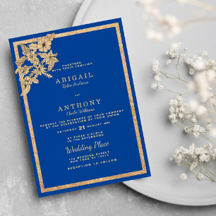 Stylish Royal Blue Gold Glitter Floral Wedding Invitation