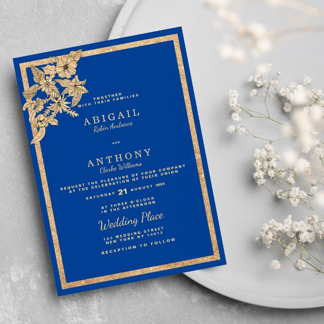 Stylish Royal Blue Gold Glitter Floral Wedding Invitation (Stylish Royal Blue Gold Glitter Floral Wedding Invitation )