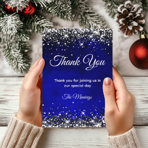 Stylish royal blue silver faux glitter thank you card