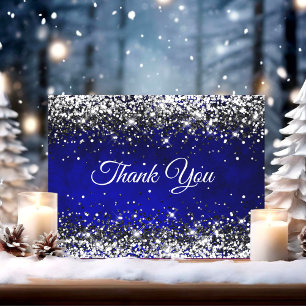 Stylish royal blue silver faux glitter   thank you card