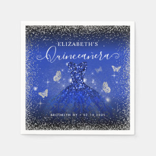 Stylish Royal Blue Silver Glitter Gown Quinceañera Napkin