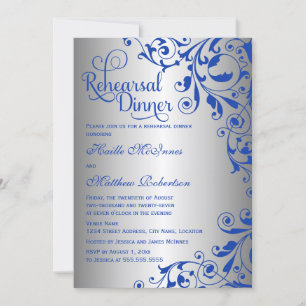 Stylish Royal Blue Silver Swirls Rehearsal Dinner Invitation