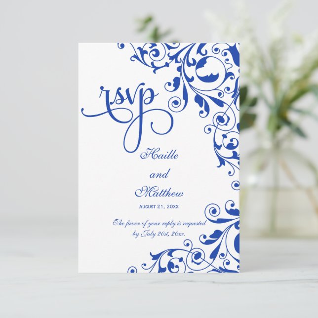 Stylish Royal Blue Swirls RSVP Card (Standing Front)