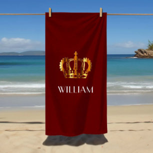 Stylish Royal Gold Crown Name Red Beach Towel