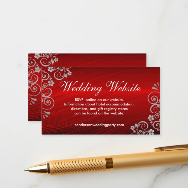 Stylish Ruby Red Grey Swirls Wedding Website Enclosure Card (Front/Back In Situ)