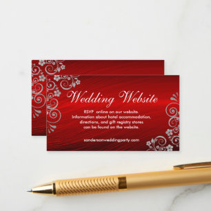 Stylish Ruby Red Grey Swirls Wedding Website Enclosure Card