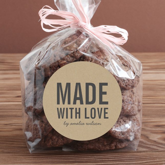 Stylish Rustic Bold Made with Love Faux Kraft Classic Round Sticker (Creator Uploaded)