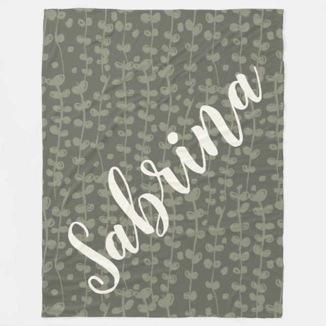 Stylish Rustic Botanical Sage Green Personalised Fleece Blanket (Front)