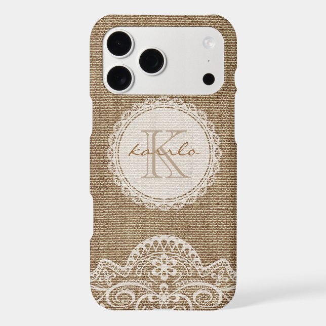 Stylish Rustic Burlap Ivory Lace Pattern Monogram (Back)