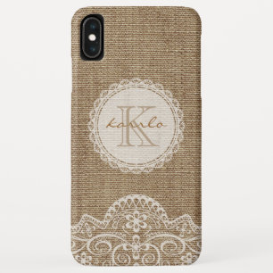 Stylish Rustic Burlap Ivory Lace Pattern Monogram iPhone XS Max Case