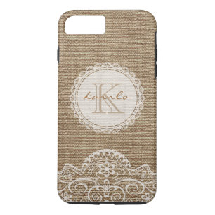 Stylish Rustic Burlap Ivory Lace Pattern Monogram iPhone 8 Plus/7 Plus Case