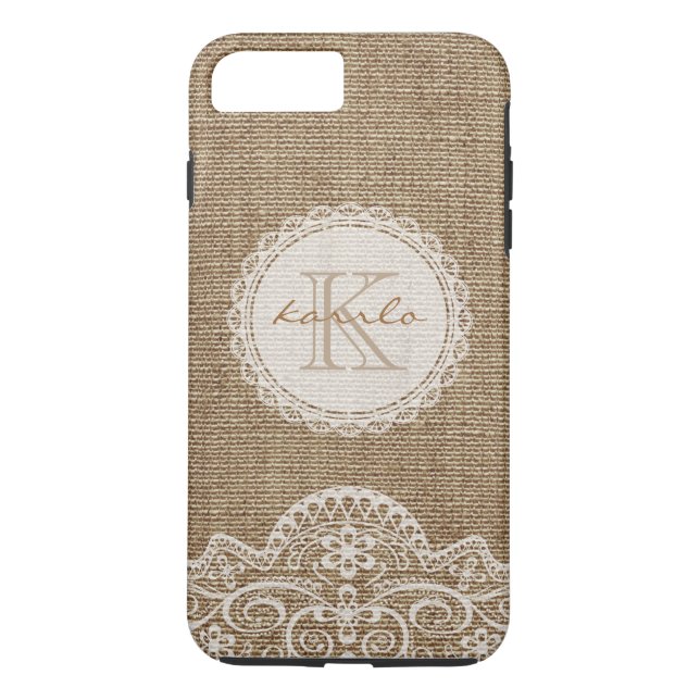 Stylish Rustic Burlap Ivory Lace Pattern Monogram Case-Mate iPhone Case (Back)