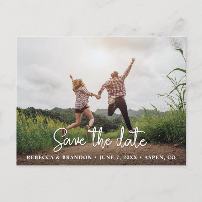 Stylish Rustic Handwritten Save The Date Photo Postcard (Front)