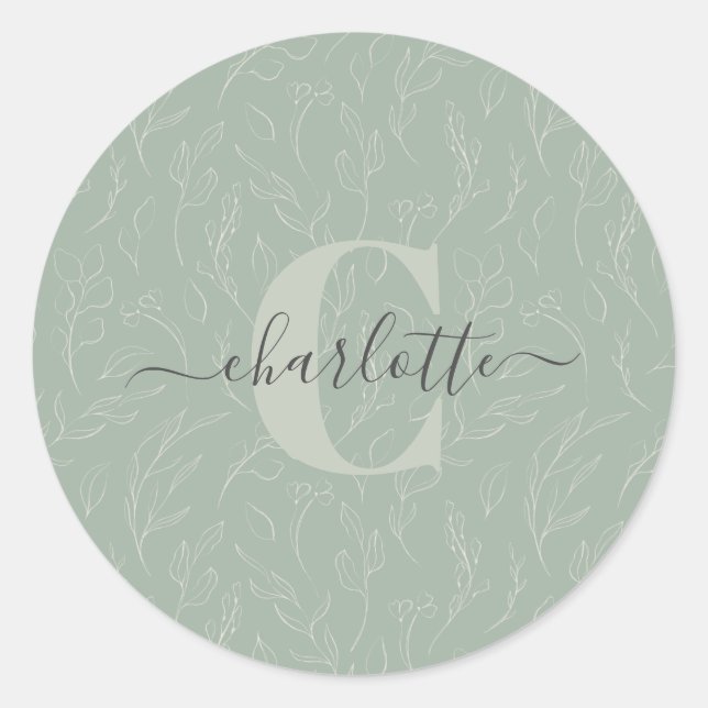 Stylish Rustic Sage Green Botanical Floral Name    Classic Round Sticker (Front)