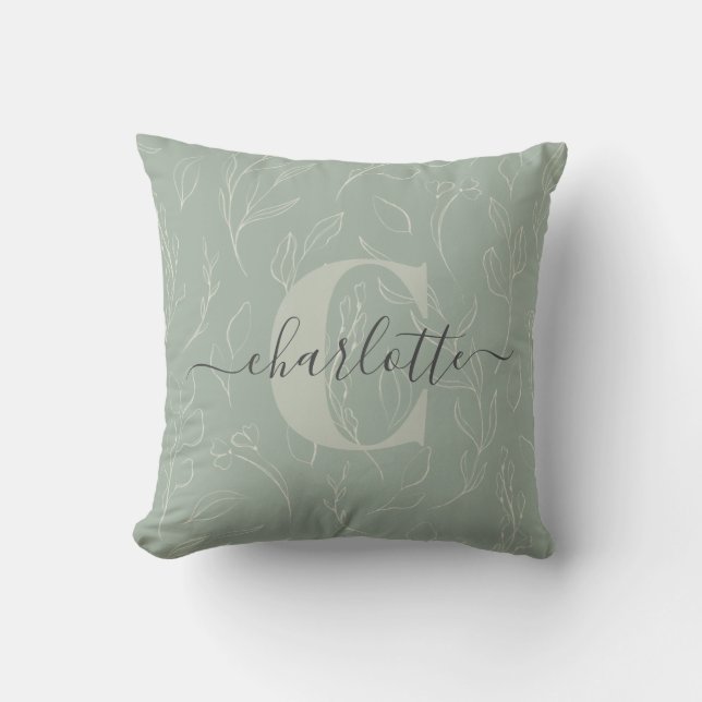 Stylish Rustic Sage Green Botanical Floral Name Cushion (Front)