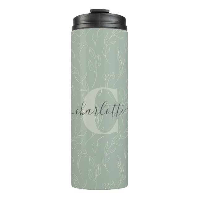 Stylish Rustic Sage Green Botanical Floral Name    Thermal Tumbler (Front)