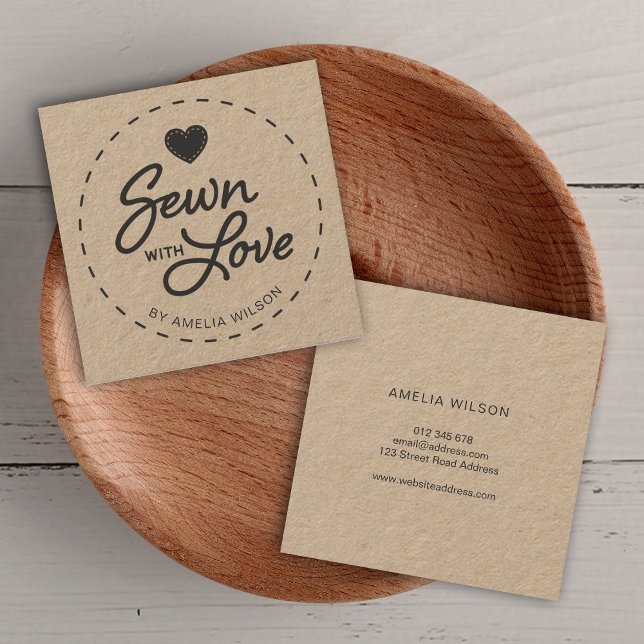 Stylish Rustic Sewn with Love Kraft Square Business Card (Creator Uploaded)
