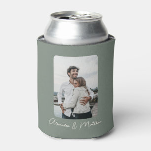 Stylish Sage Green Calligraphy Personalised Photo Can Cooler