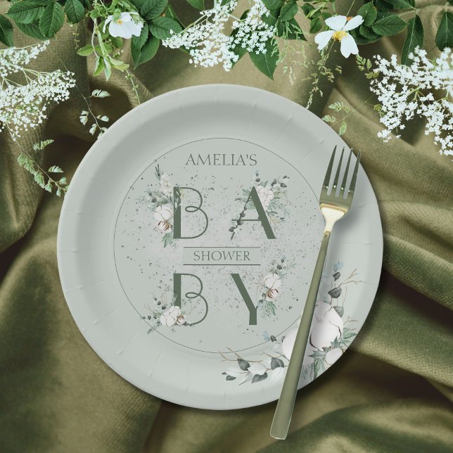 Stylish Sage Green Floral Baby Shower Paper Plate (Creator Uploaded)