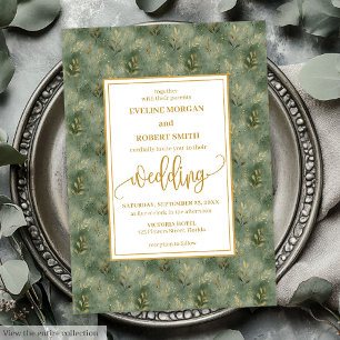 Stylish Sage Green Gold Foliage Wedding Invitation