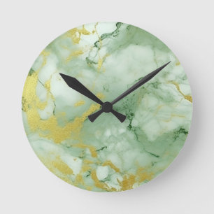 Stylish Sage Green Gold Marble  Round Clock