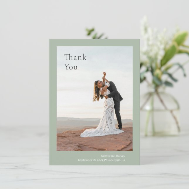Stylish Sage Green Modern Wedding Thank You Card (Standing Front)