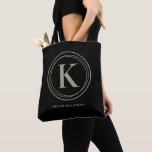 Stylish Sage Green Monogram Name Black Tote Bag<br><div class="desc">Simple tote bag is personalised with your monogram initial surrounded by sage green circles and your full name below. Ideal for yourself,  for your bridesmaids,  book club,  graduation gift,  birthday gift,  or any occasion. MORE colours in our store.</div>