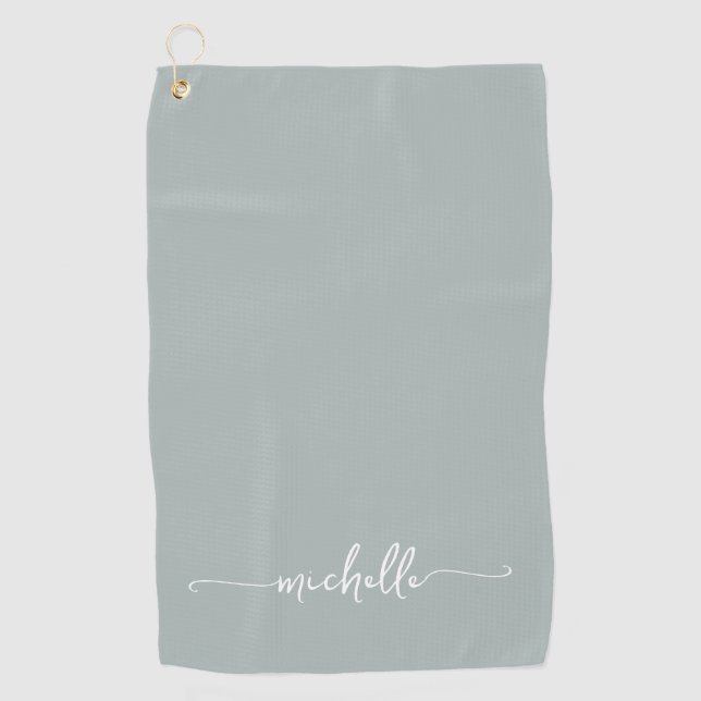 Stylish Sage Green Monogram Name Script Golf Towel (Front)