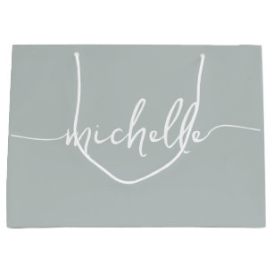 Stylish Sage Green Monogram Name Script Large Gift Bag